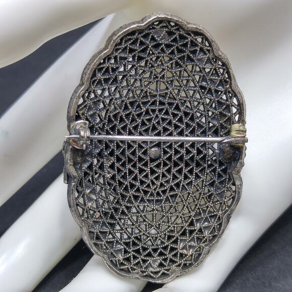 Vintage Antique Glass Cameo Marcasite Brooch, Oval Filigree Back, 2 1/2 Inches - Picture 4 of 10